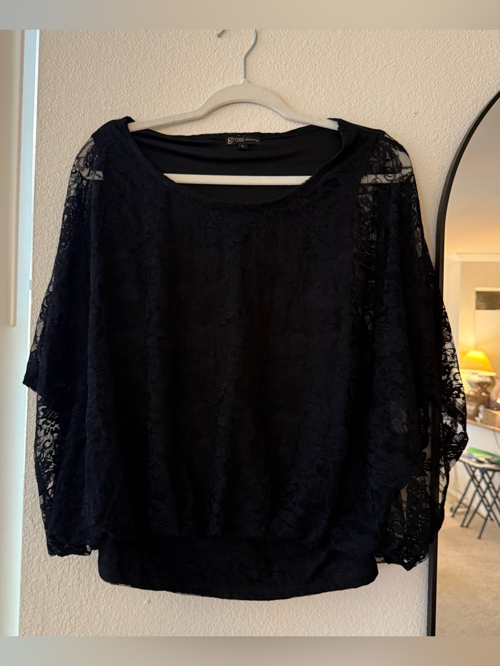 Grass Collection Black Floral Lace Blouse Sheer Overlay Batwing Top Women’s L
